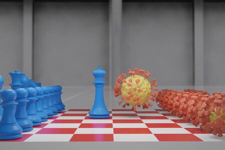 3D rendering.Blue king chess and Corona virus chess battle concept for Corona virus protection.の写真素材