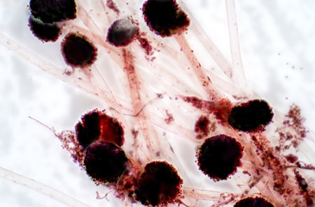 Aspergillus (mold) under the light microscopic view for education.の写真素材
