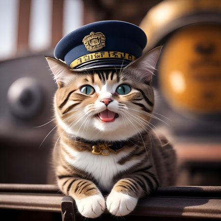 Cute cat wearing a station master hat and blue eyes.の素材