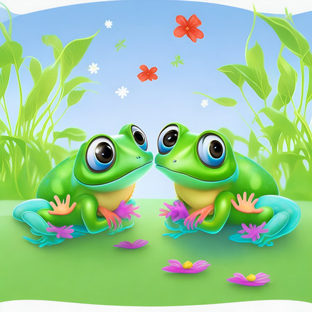 Vector illustration of Two cute frogs sitting on the grass with flowers.の素材