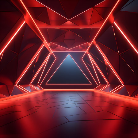 Abstract light tunnel corridor with square LED lights on the floor. In the form of neon red and crimson. Show realistic images, double lines, intense detail, bold yet elegant, accurate and detailed.の素材