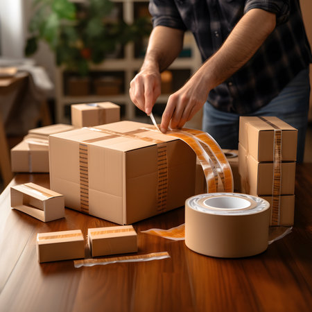 Man packing cardboard box with adhesive tape at table in office, closeupの素材