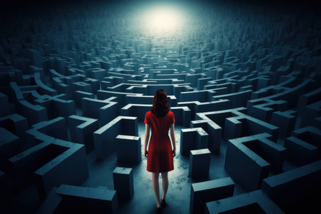 A lost woman stands in a dark maze, guided by lightの素材