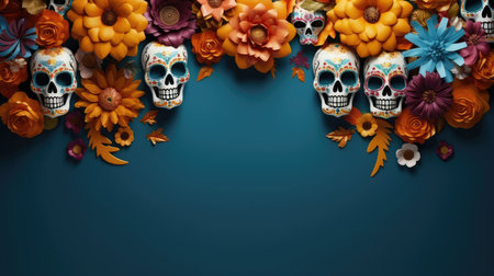 background elements day of the dead Skull decorated with flowers with copy spaceの素材