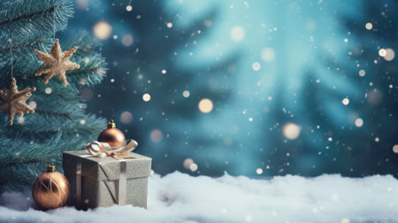Christmas Gift Box and Decorated Pine Tree with Copy Space, ai generatedの素材