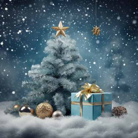 Christmas Gift Box and Decorated Pine Tree  ai generatedの素材