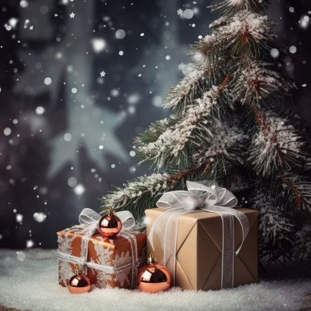 Christmas Gift Box and Decorated Pine Tree  ai generatedの素材