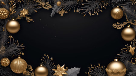Golden Luxury Christmas Frame with Pine Leaves, Ornaments, and Christmas Balls on Black Background,ai generatedの素材