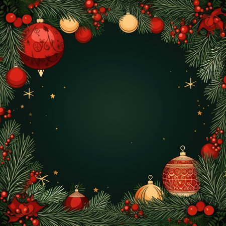 Christmas Frame with Pine Leaves, Balls, and Ornaments dark green Background,  ai generatedの素材