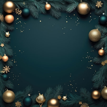 Golden Luxury Christmas Frame with Pine Leaves, Ornaments, and Christmas Balls on Black Background,ai generatedの素材