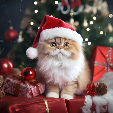 a funny cat exploring Christmas tree decorations Add warmth and humor to your projects with the playful antics of our furry friend.ai generatedの素材
