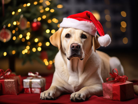Celebrate the holiday season with a heartwarming image of a Golden Retriever in a Santa hat, near a Christmas tree adorned with decorations. Spread the joy and charm of the holidays with this playful pet.ai generatedの素材