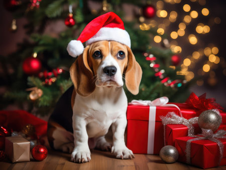 Celebrate the holiday season with a funny Beagle donning a Santa hat near a Christmas tree adorned with decorations. This heartwarming image captures the festive spirit with humor and charm.,ai generatedの素材