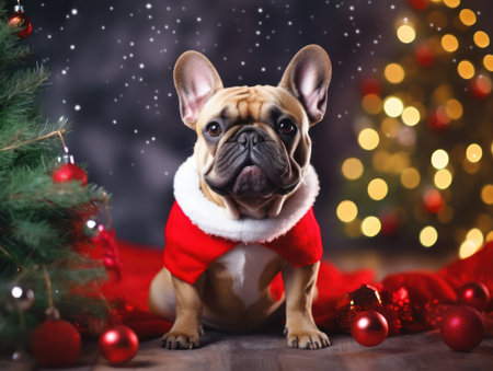 Celebrate the holiday season with a funny French Bulldog wearing a Santa hat near a Christmas tree adorned with decorations. This heartwarming image captures the festive spirit with humor and charm.ai generatedの素材