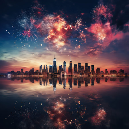 Immerse yourself in the spectacle of lively fireworks over a beautiful city. that is unique, ai generatedの素材