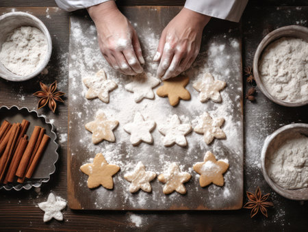 Experience the joy of the holiday season through a flatly perspective, showcasing the process of crafting delicious gingerbread cookies in a cozy kitchen setting. ai generatedの素材