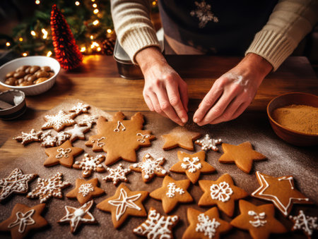 Experience the joy of the holiday season through a flatly perspective, showcasing the process of crafting delicious gingerbread cookies in a cozy kitchen setting. ai generatedの素材