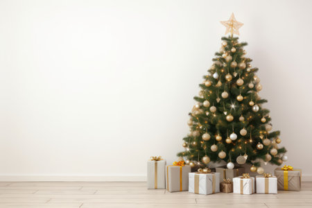 This stunning close-up photo captures a big, beautiful Christmas tree decorated with shiny baubles and many different presents. The white wall background provides a clean and simple canvas for the festive tree to stand out against.ai generatedの素材