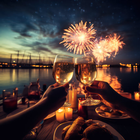 A moment of joy and togetherness, friends raise wine glasses with a wide-angle backdrop of colorful fireworks at an evening celebration. ai generatedの素材