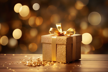 Elevate your gift-giving with a captivating image of a luxurious gold gift box set against a mesmerizing blurred glitter background. This premium image exudes elegance and sophistication, making it the perfect choice for celebrating any special occasion. ai generatedの素材