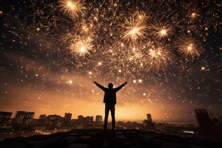 A silhouette man stands amidst a dazzling display of fireworks against a breathtaking starry night sky. This wide-angle photograph captures the essence of celebration and wonder.ai generatedの素材