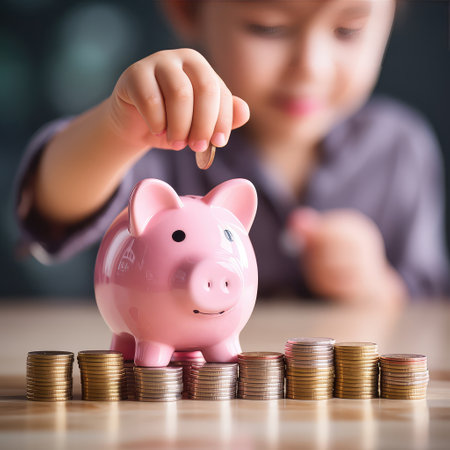 A child's hand drops coins into a pink piggy bank, illustrating the early stages of learning financial responsibility and savings. ai generatedの素材