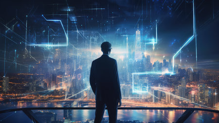 A businessman in a smart suit views a lively holographic display of data connectivity. Contrasting with the background of the city at dusk,ai generatedの素材