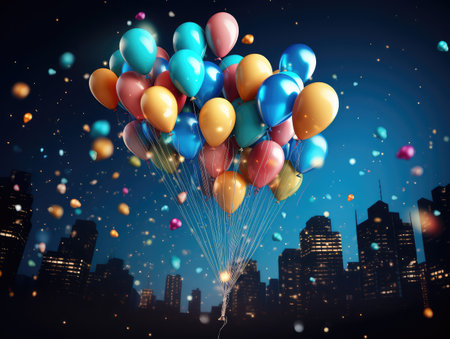 Experience the essence of urban celebration with our vibrant balloons set against a stunning bokeh city background, perfect for any festive night scene. ai generatedの素材