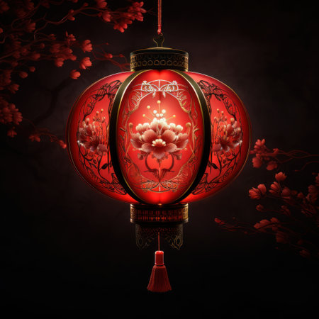 Capture the essence of Chinese New Year with a traditional Chinese lantern, symbolizing festive cheer and cultural heritage,ai generatedの素材