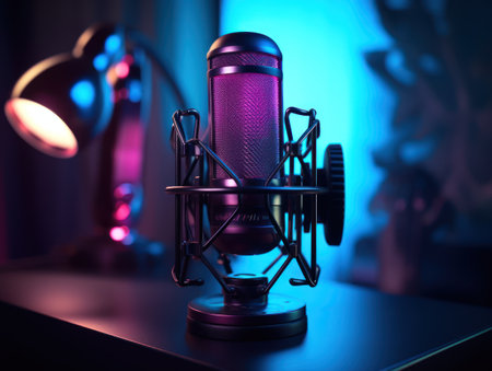 Explore the art of sound with this detailed shot of podcast equipment in a recording studio,ai generatedの素材