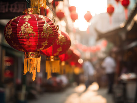 Cultural Photography Vibrant Lanterns Adorn Marketplace in Chinatown, Afternoon Scene,ai generatedの素材