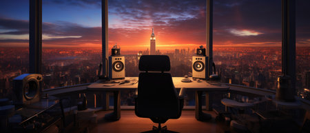 Experience the fusion of luxury and technology in a podcast studio high above the city, where designer chairs and recording gear meet the urban skyline., ai generatedの素材