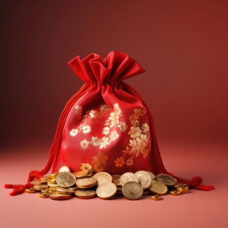 Celebrate Chinese New Year with a traditional red money bag filled with gold coins, symbolizing wealth and prosperity, with ample copy space.  ai generatedの素材