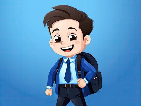 A cheerful and smart young boy in a stylish suit, carrying a backpack, against a solid blue background. Ideal for educational projects, this image radiates positivity and success.の素材