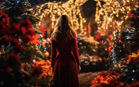In this enchanting garden scene, a woman in Santa attire brings the spirit of Christmas to life, surrounded by a tapestry of colorful floral decorationsの素材