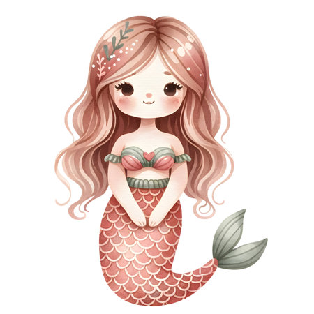 Get lost in the enchanting world of this cute watercolor mermaid, perfect for Valentine's Day. Dive into a nostalgic, retro-inspired illustration that captures the magic of the underwater realm.の素材