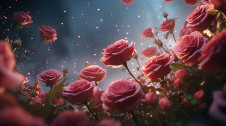 A serene display of roses floating in mid-air, brought to life through realistic photography and enhanced with the magic of cinematic lighting.の素材