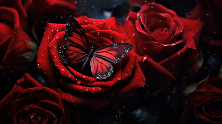 Experience the romance and elegance in this close-up of a red rose, where water drops glisten and butterflies add a touch of whimsy to the petals.の素材