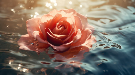 Experience the tranquility of nature with this close-up view of pink roses floating in a pond, each petal adorned with sparkling water drops.の素材