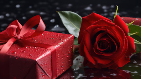 Bouquet of red roses and gift box with water drops on dark background.の素材