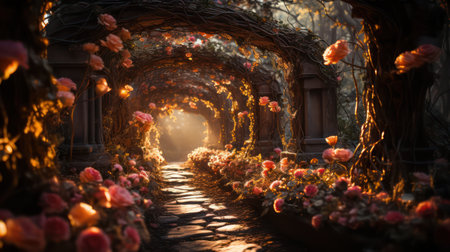 Flower paradise Stroll through charming rose-covered arches. morning sunlightの素材