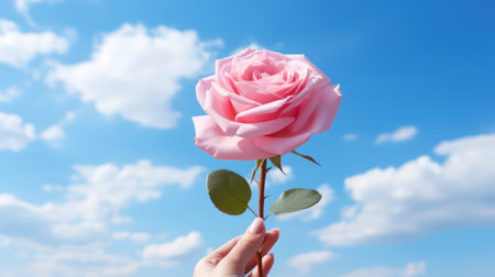 Celebrate romance and nature with photos of delicate roses held up against a bright, sunny sky. Perfect for romantic gestures and messages. which is a symbol of love and emotionの素材