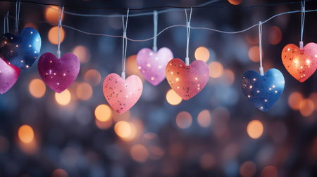 Immerse yourself in the ethereal beauty of heart decor against the night sky. Ideal for capturing the romantic ambiance of a celebration or event. Let the love-themed atmosphere shine.の素材