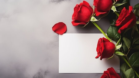 Experience the beauty and symbolism of a red rose and blank paper in this close-up, realistic photography. The cinematic lighting sets the mood for an intimate and heartfelt gesture.の素材