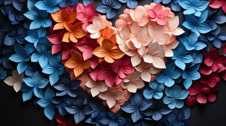 Elevate your designs with this realistic photo of a romantic paper hearts background, captured from a top view in soothing blue and pink. Ideal for adding emotion and charm to your projects.の素材