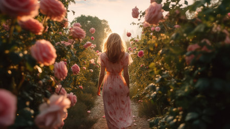 Discover cinematic enchantment as a stylish woman graces a serene rose garden during golden hour. With its low camera angle and worm's eye view, this image is a timeless portrayal of natural beauty and grace.の素材