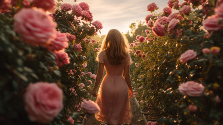 Discover cinematic enchantment as a stylish woman graces a serene rose garden during golden hour. With its low camera angle and worm's eye view, this image is a timeless portrayal of natural beauty and grace.の素材