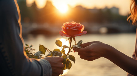 Experience the heartfelt romance as a man gives a rose to his beloved on a sunny day. An authentic and tender moment of love captured candidly.の素材