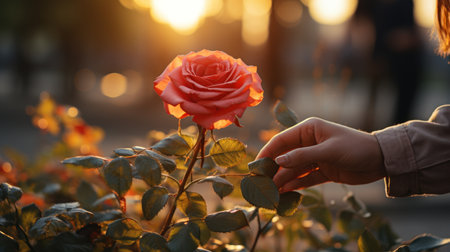An intimate and romantic gesture depicted with a hand gently cradling a red rose, set against a dreamy light background for Valentine's Day.の素材