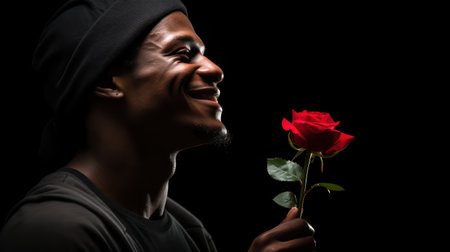 Experience a stylish portrait of a handsome young man holding vibrant red roses. His smiling expression adds an authentic touch to this romantic and charming image, perfect for conveying positive emotions.の素材
